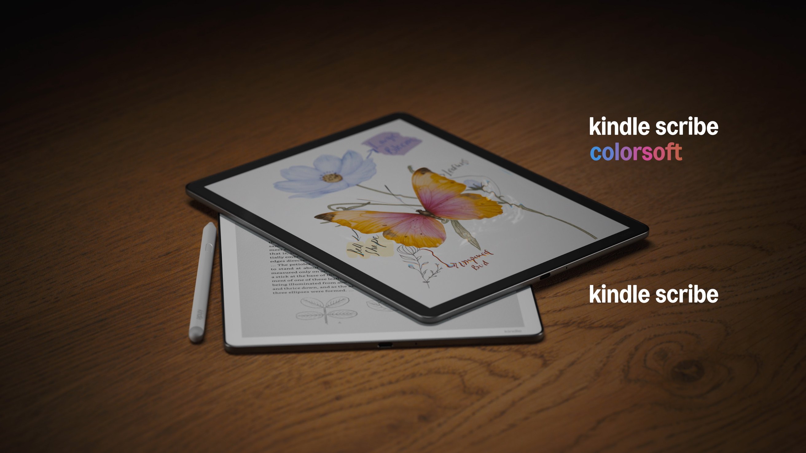 Kindle Scribe Colorsoft and Kindle Scribe on a wooden desk