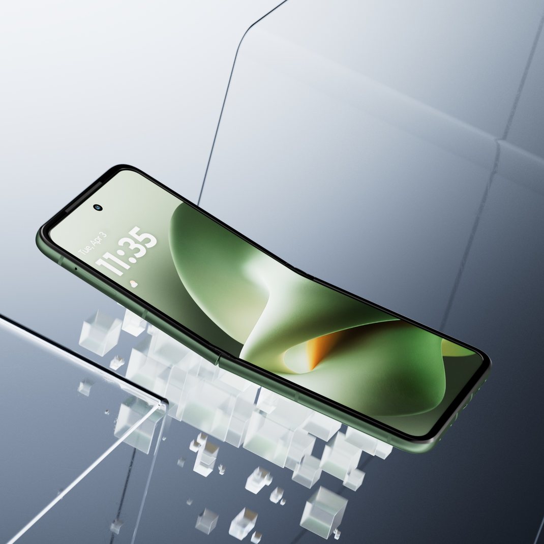 Green Razr folding over scattered glass cubes