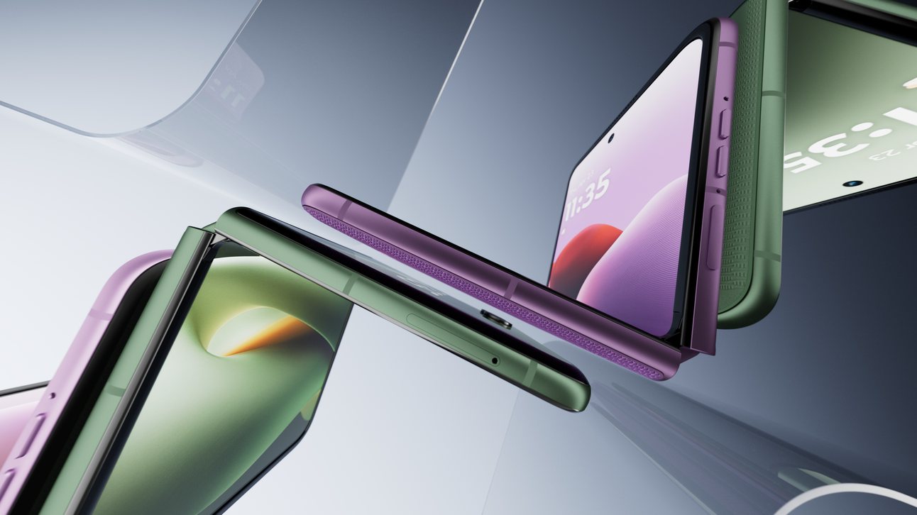 Violet and green Razr phones interlocked