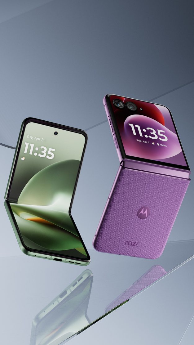 Green and violet Razr phones floating side by side